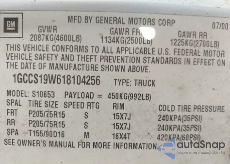 2001 Chevrolet S-10 Ls из США, поврежденный, VIN 1GCCS19W618104256